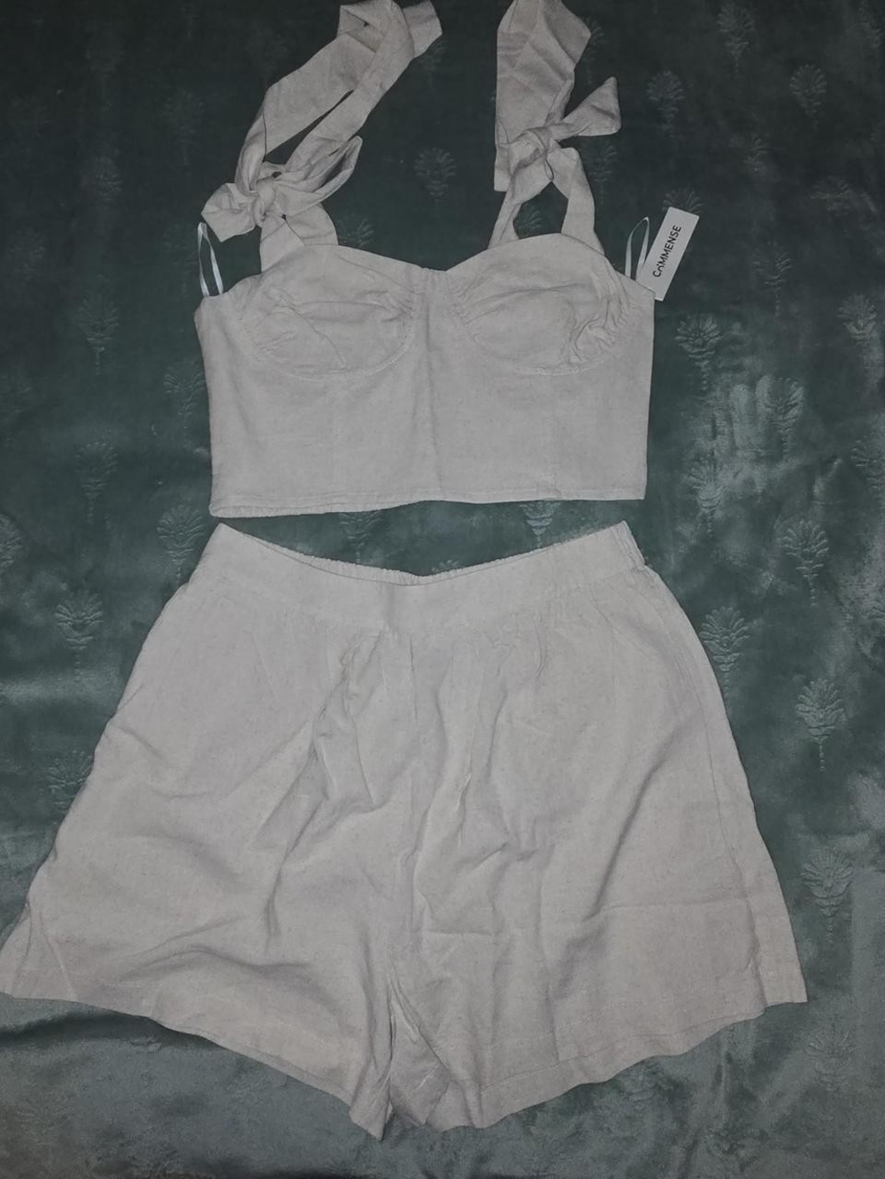 Commense Tan Linen Tie-Strap Crop Top and High-Waist Shorts Set
